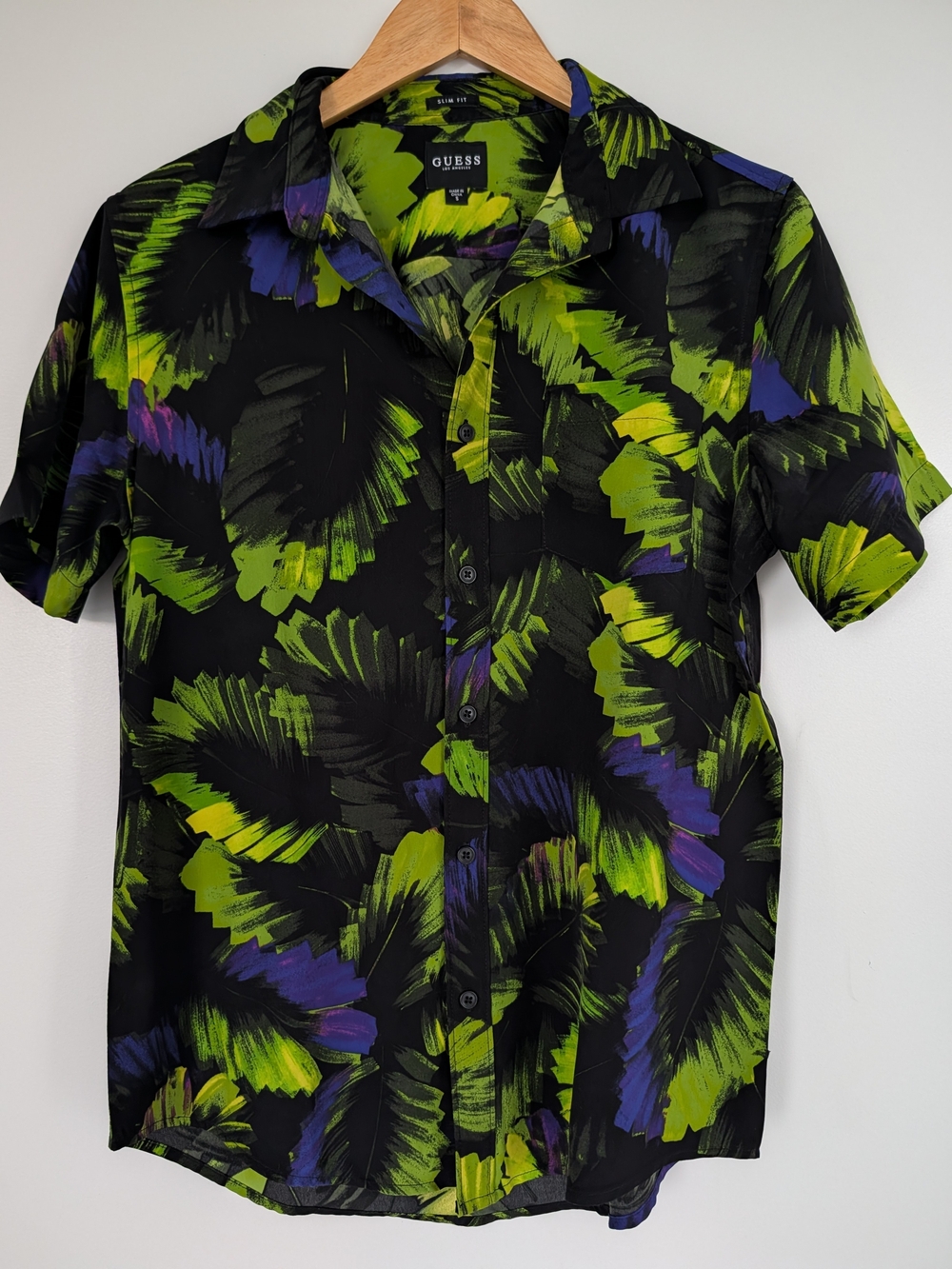 GUESS Black Button-Up Shirt with Green & Purple Brushstroke Floral